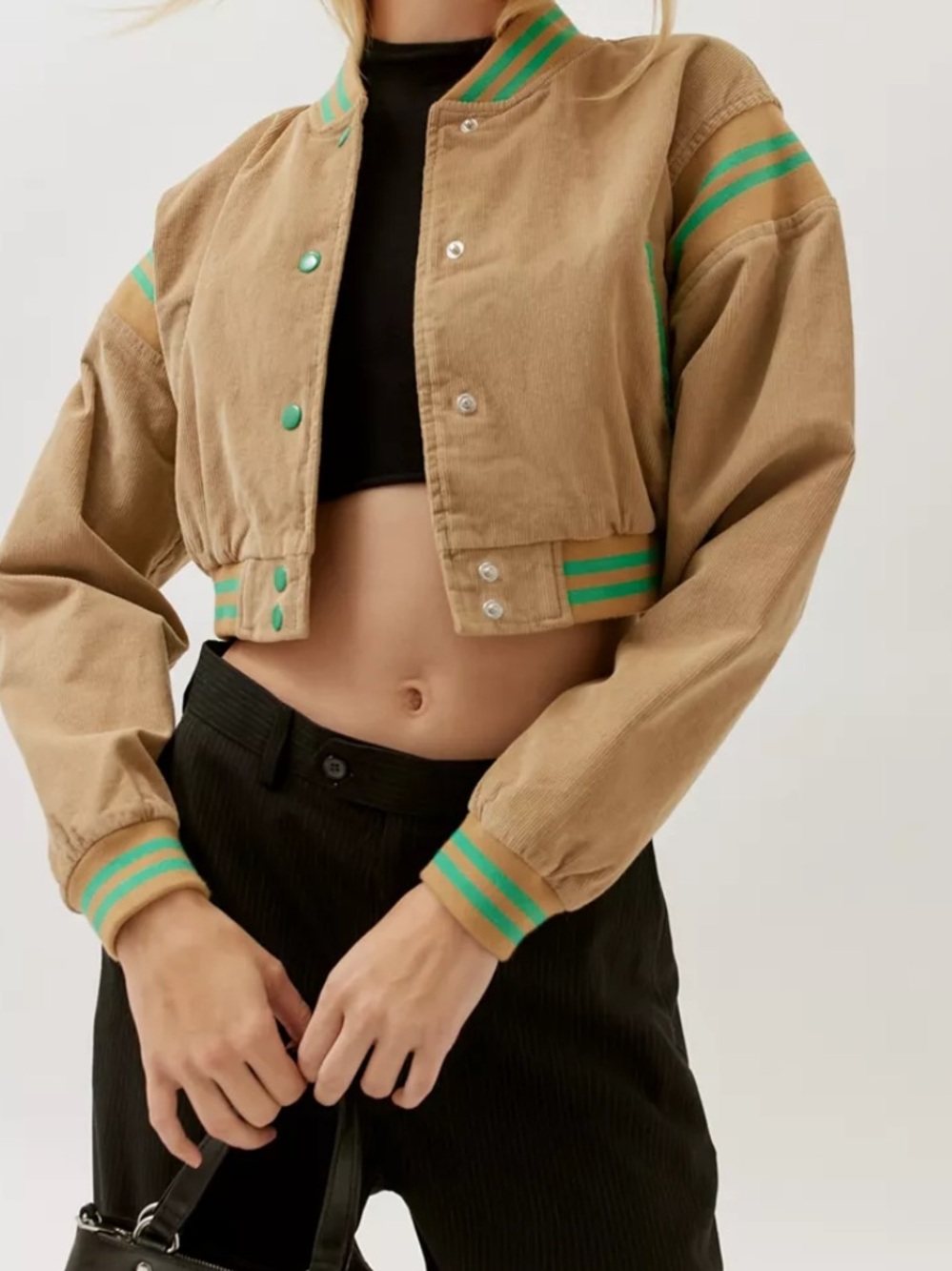 Urban Outfitters Cropped Tan Varsity Jacket with Green Stripe Trim
